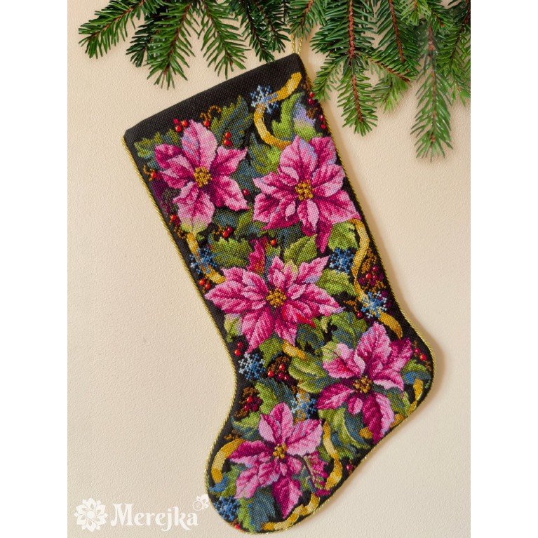 Набор для вышивания крестиком Merejka K-262 Pink Poinsettia Christmas Stocking