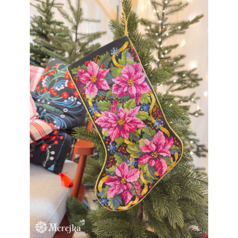 Набор для вышивания крестиком Merejka K-262 Pink Poinsettia Christmas Stocking